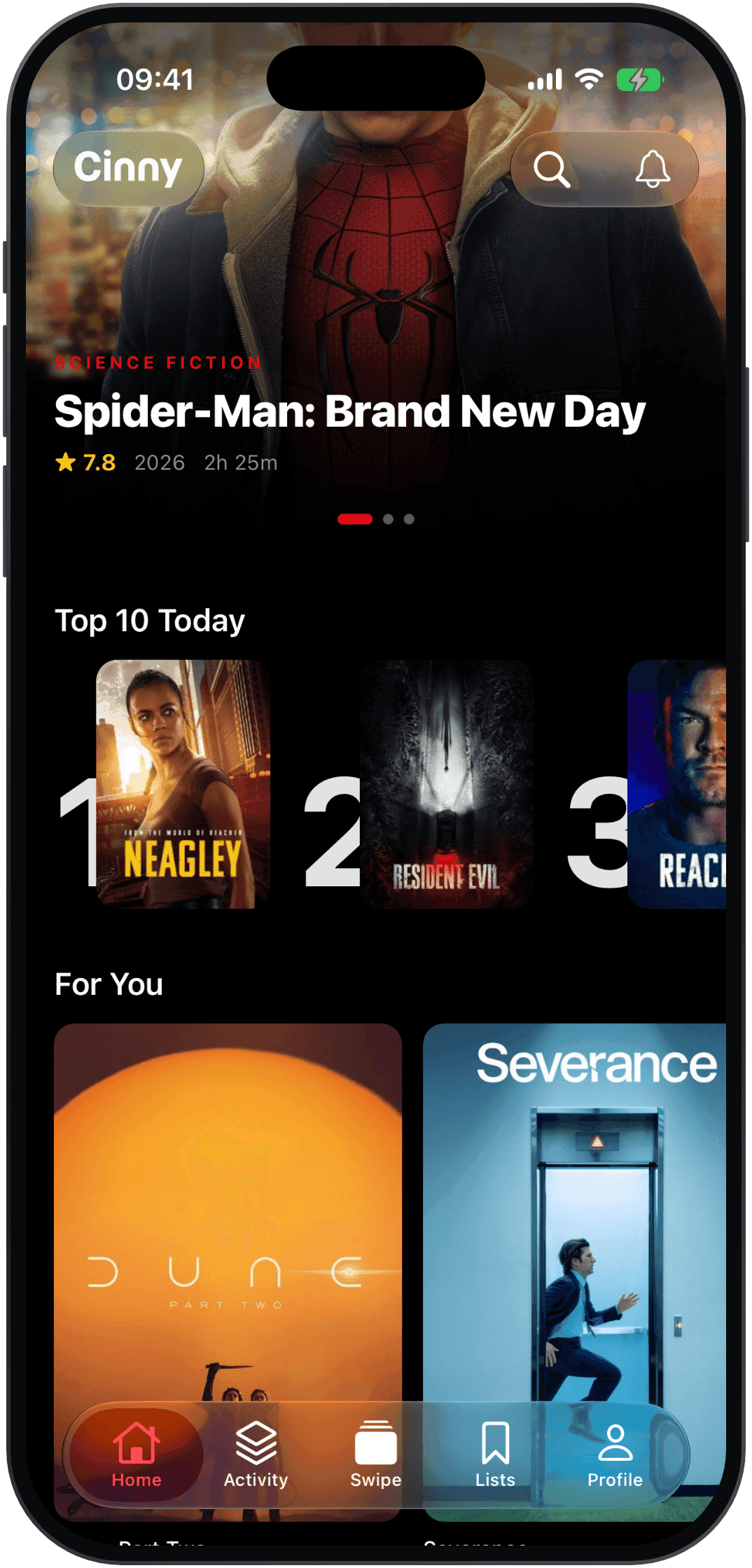 Cinny's home screen, with a featured film, a Top 10 Today row and personalized For You recommendations