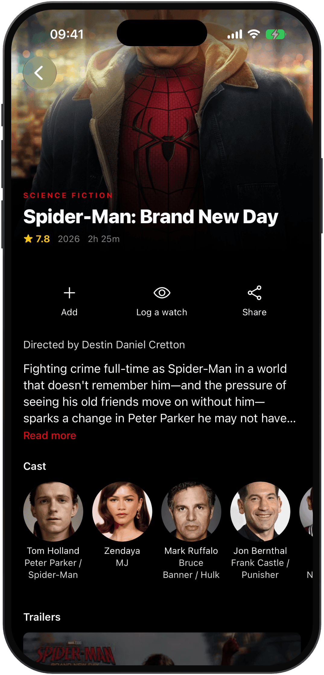 A film's detail screen in Cinny, with its rating and buttons to add it, log a watch or share it, above the synopsis and cast